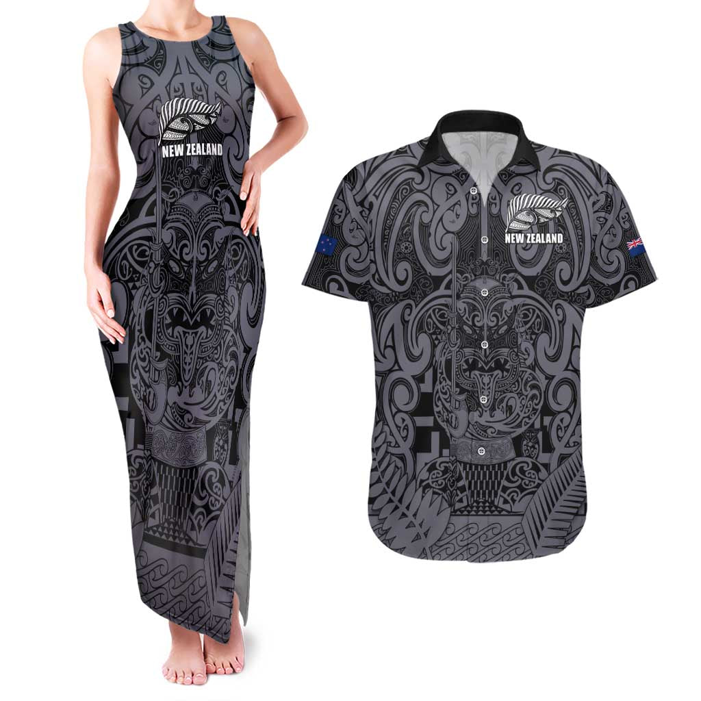 Custom New Zealand Taiaha Maori Couples Matching Tank Maxi Dress and Hawaiian Shirt Minimalist Silver Fern All Black - Polynesian Pride