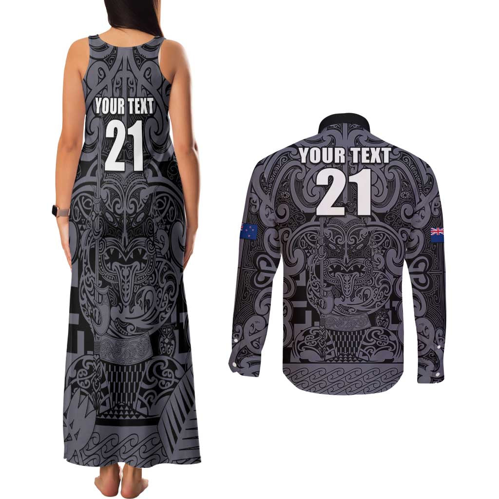 Custom New Zealand Taiaha Maori Couples Matching Tank Maxi Dress and Long Sleeve Button Shirt Minimalist Silver Fern All Black - Polynesian Pride