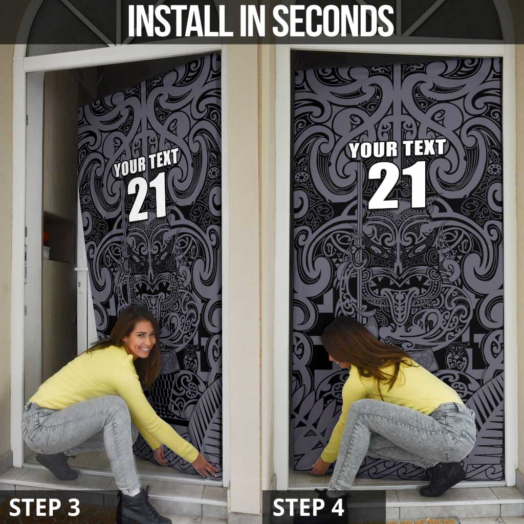 Custom New Zealand Taiaha Maori Door Cover Minimalist Silver Fern All Black LT9 - Polynesian Pride