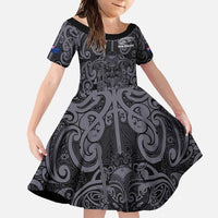 Custom New Zealand Taiaha Maori Family Matching Long Sleeve Bodycon Dress and Hawaiian Shirt Minimalist Silver Fern All Black LT9 Daughter's Dress Black - Polynesian Pride