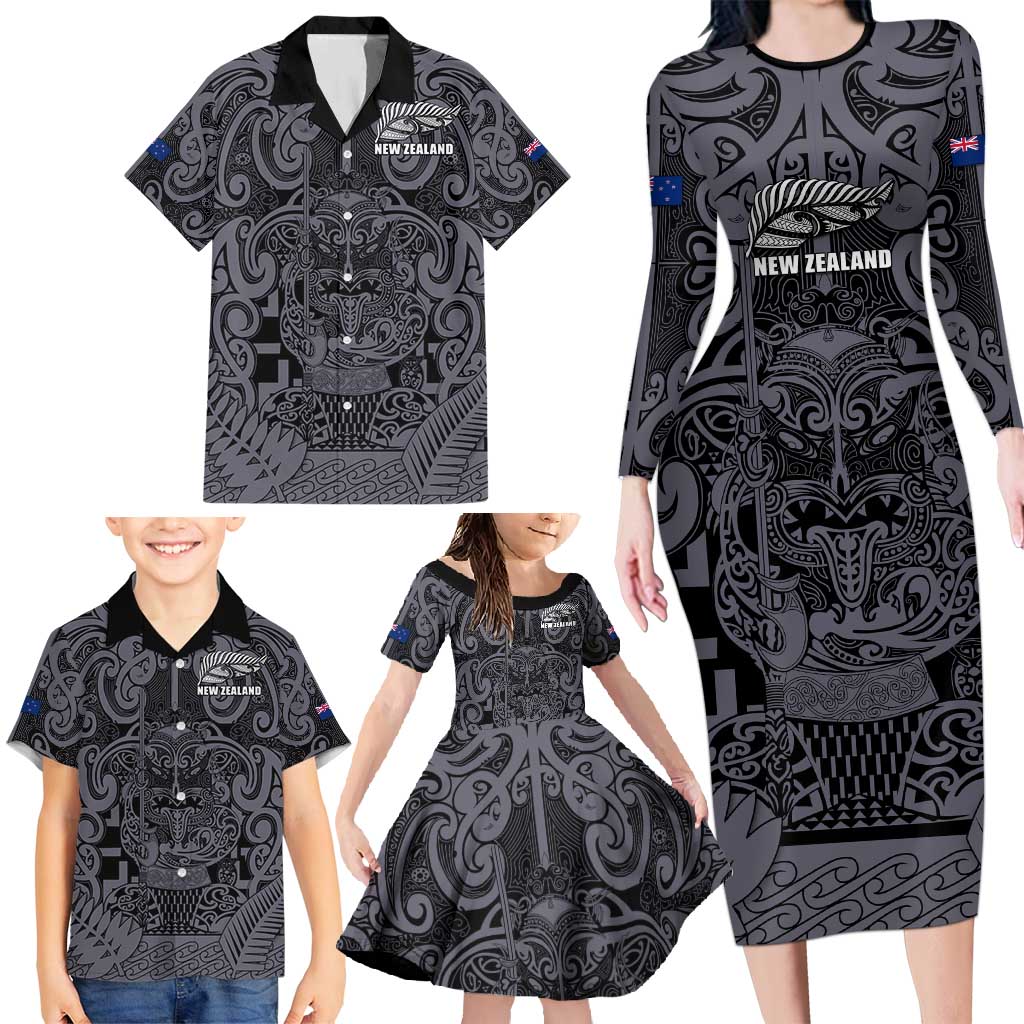 Custom New Zealand Taiaha Maori Family Matching Long Sleeve Bodycon Dress and Hawaiian Shirt Minimalist Silver Fern All Black LT9 - Polynesian Pride