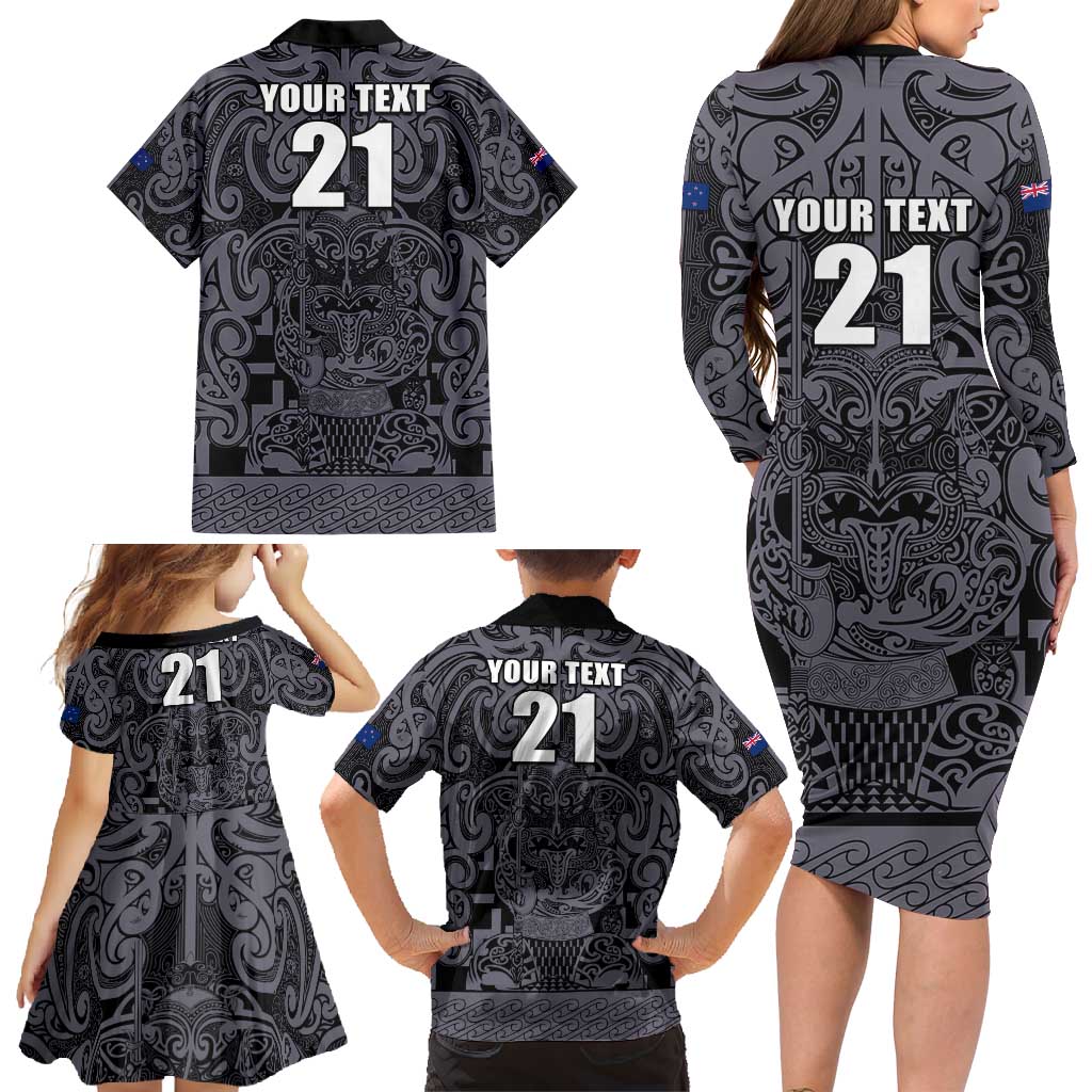 Custom New Zealand Taiaha Maori Family Matching Long Sleeve Bodycon Dress and Hawaiian Shirt Minimalist Silver Fern All Black LT9 - Polynesian Pride
