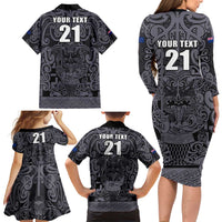 Custom New Zealand Taiaha Maori Family Matching Long Sleeve Bodycon Dress and Hawaiian Shirt Minimalist Silver Fern All Black LT9 - Polynesian Pride
