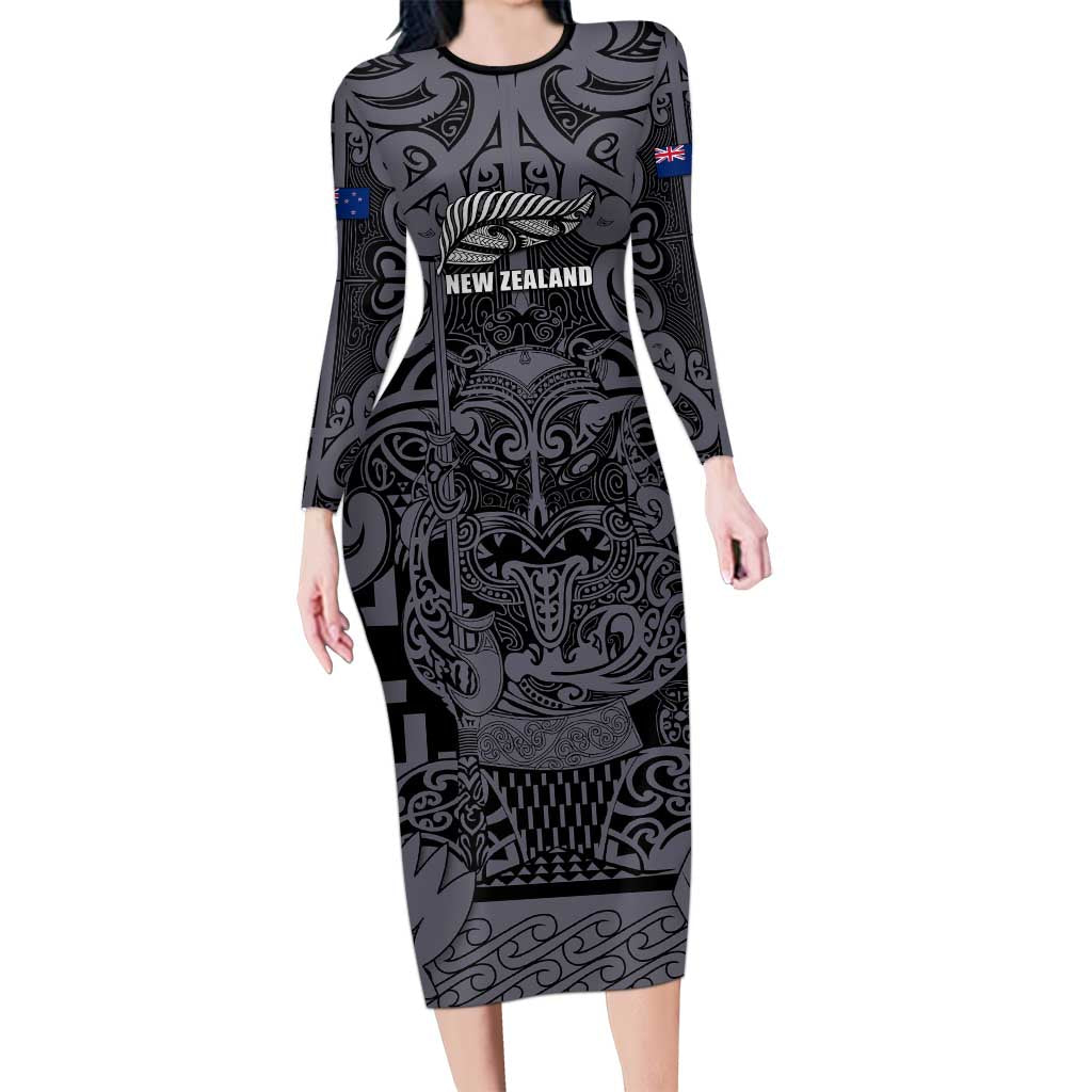 Custom New Zealand Taiaha Maori Family Matching Long Sleeve Bodycon Dress and Hawaiian Shirt Minimalist Silver Fern All Black LT9 Mom's Dress Black - Polynesian Pride