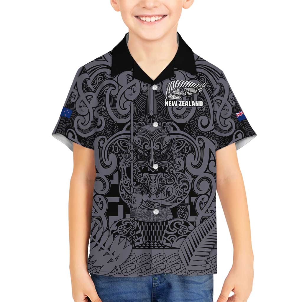 Custom New Zealand Taiaha Maori Family Matching Long Sleeve Bodycon Dress and Hawaiian Shirt Minimalist Silver Fern All Black LT9 Son's Shirt Black - Polynesian Pride