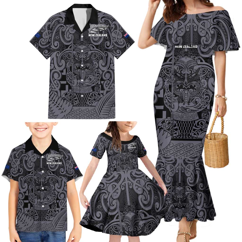 Custom New Zealand Taiaha Maori Family Matching Mermaid Dress and Hawaiian Shirt Minimalist Silver Fern All Black LT9 - Polynesian Pride