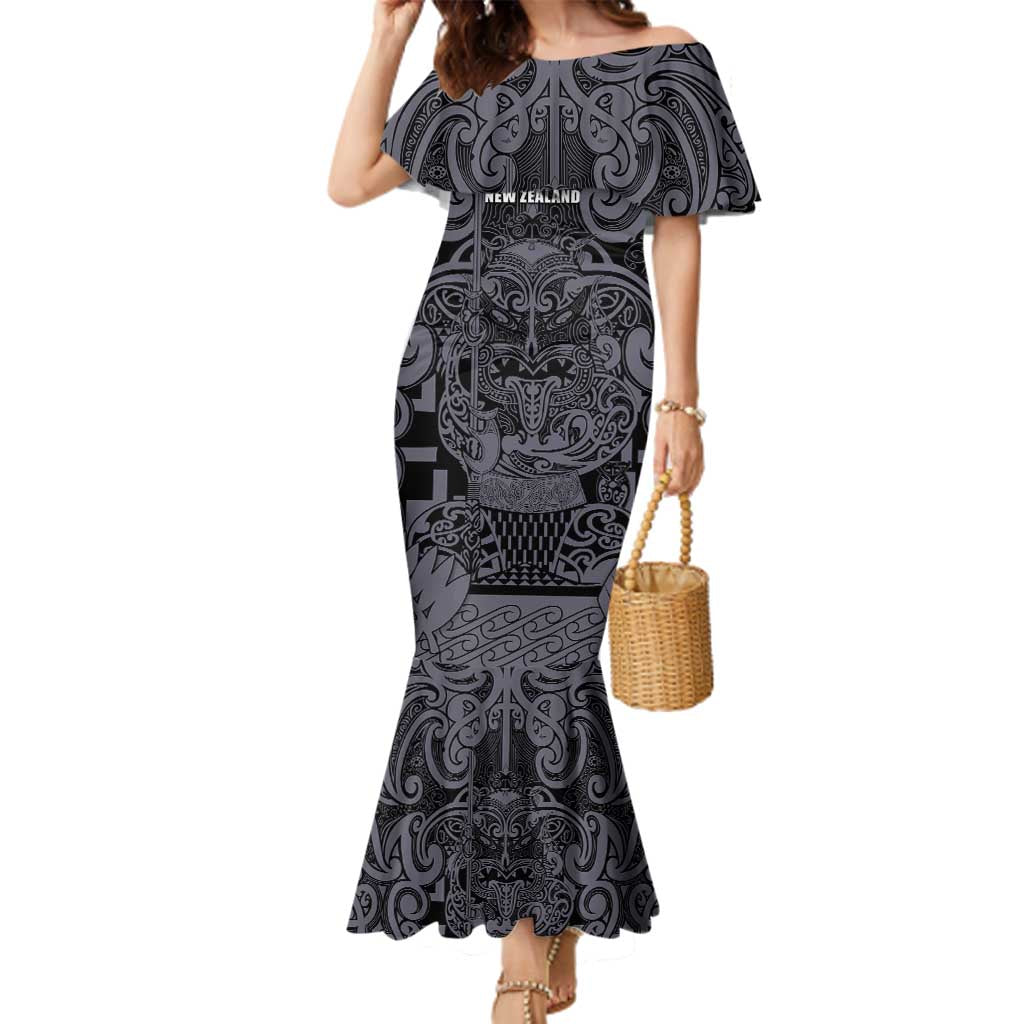 Custom New Zealand Taiaha Maori Family Matching Mermaid Dress and Hawaiian Shirt Minimalist Silver Fern All Black LT9 Mom's Dress Black - Polynesian Pride