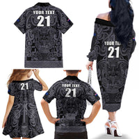 Custom New Zealand Taiaha Maori Family Matching Off The Shoulder Long Sleeve Dress and Hawaiian Shirt Minimalist Silver Fern All Black LT9 - Polynesian Pride