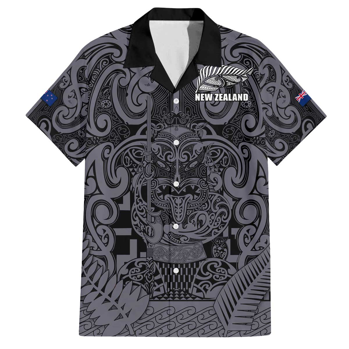 Custom New Zealand Taiaha Maori Family Matching Off The Shoulder Long Sleeve Dress and Hawaiian Shirt Minimalist Silver Fern All Black LT9 Dad's Shirt - Short Sleeve Black - Polynesian Pride
