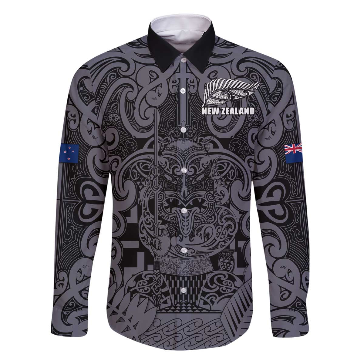 Custom New Zealand Taiaha Maori Family Matching Off The Shoulder Long Sleeve Dress and Hawaiian Shirt Minimalist Silver Fern All Black LT9 Dad's Shirt - Long Sleeve Black - Polynesian Pride