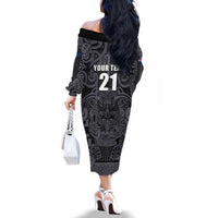 Custom New Zealand Taiaha Maori Family Matching Off The Shoulder Long Sleeve Dress and Hawaiian Shirt Minimalist Silver Fern All Black LT9 - Polynesian Pride