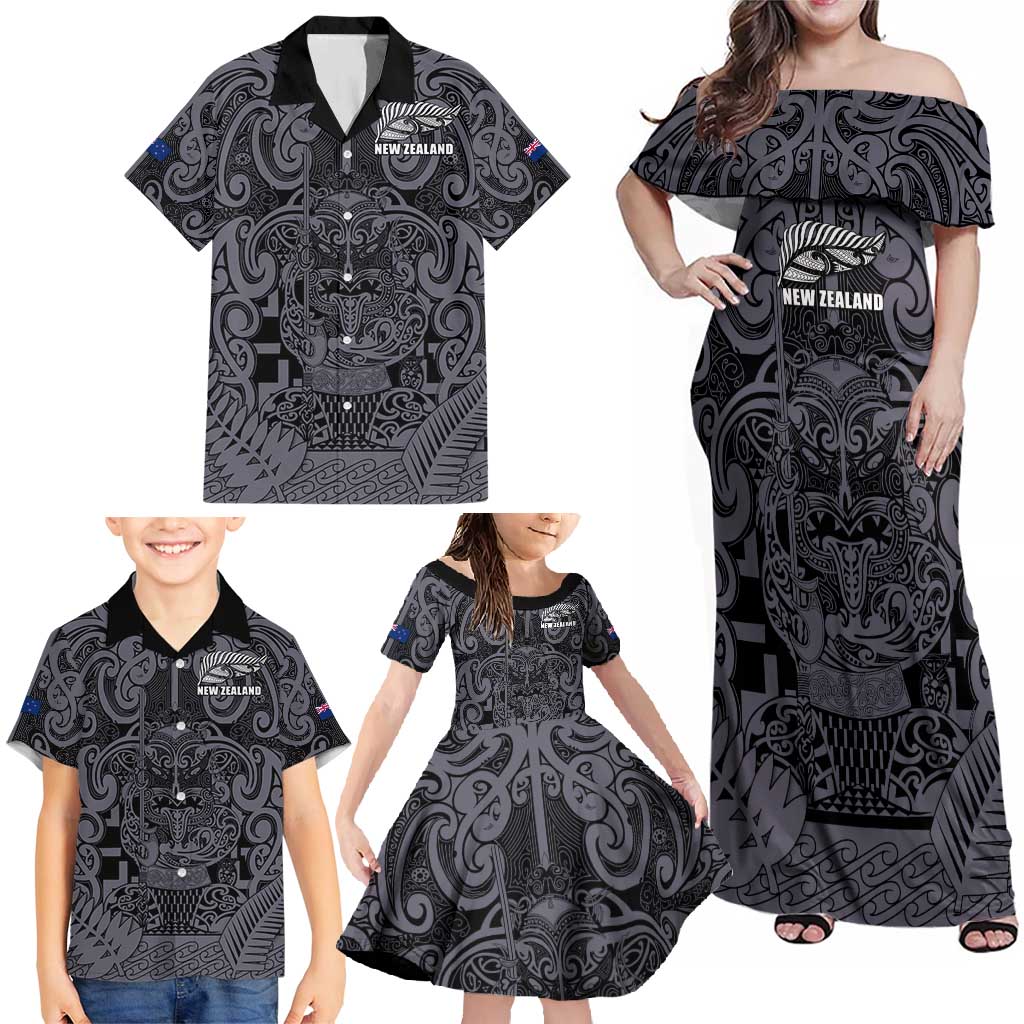 Custom New Zealand Taiaha Maori Family Matching Off Shoulder Maxi Dress and Hawaiian Shirt Minimalist Silver Fern All Black - Polynesian Pride