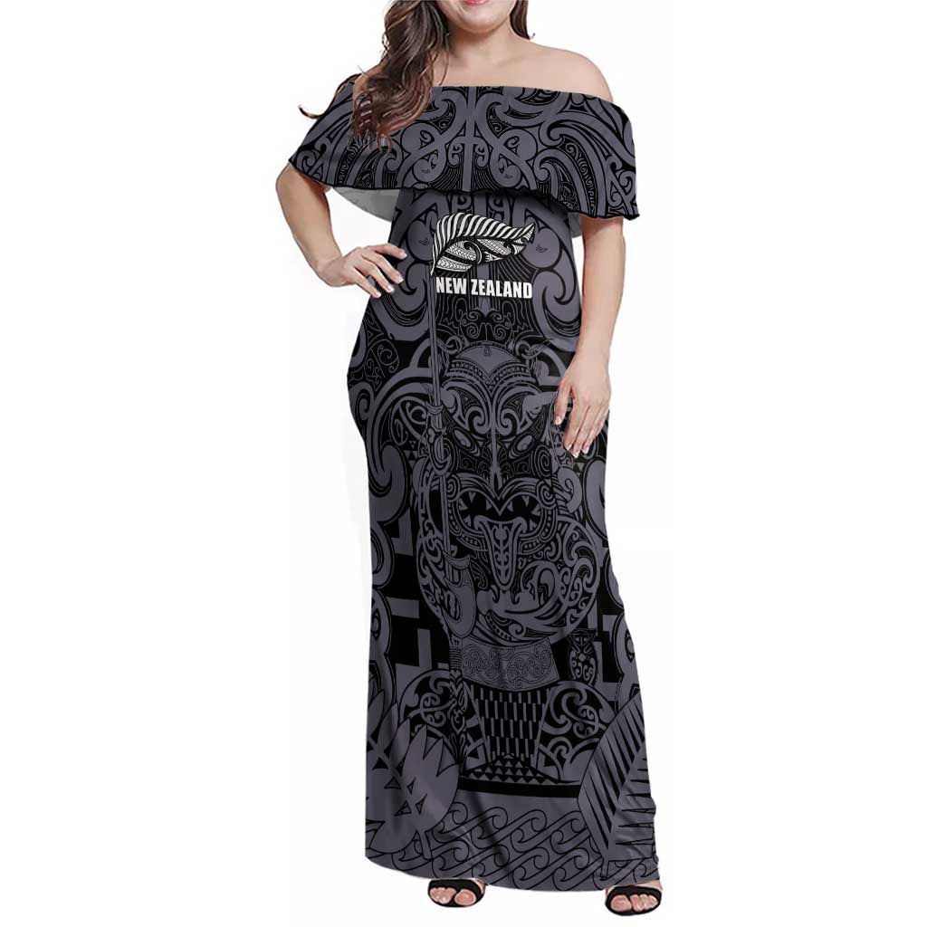 Custom New Zealand Taiaha Maori Family Matching Off Shoulder Maxi Dress and Hawaiian Shirt Minimalist Silver Fern All Black LT9 Mom's Dress Black - Polynesian Pride