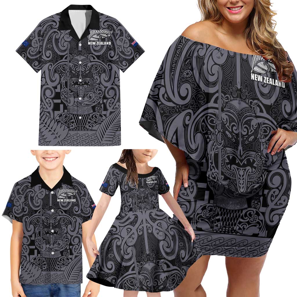 Custom New Zealand Taiaha Maori Family Matching Off Shoulder Short Dress and Hawaiian Shirt Minimalist Silver Fern All Black LT9 - Polynesian Pride