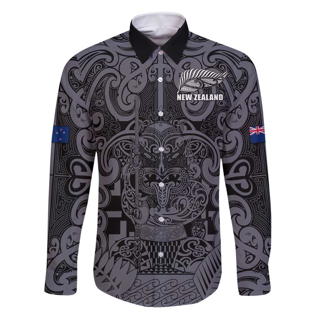 Custom New Zealand Taiaha Maori Family Matching Off Shoulder Short Dress and Hawaiian Shirt Minimalist Silver Fern All Black LT9 Dad's Shirt - Long Sleeve Black - Polynesian Pride