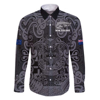 Custom New Zealand Taiaha Maori Family Matching Off Shoulder Short Dress and Hawaiian Shirt Minimalist Silver Fern All Black LT9 Dad's Shirt - Long Sleeve Black - Polynesian Pride