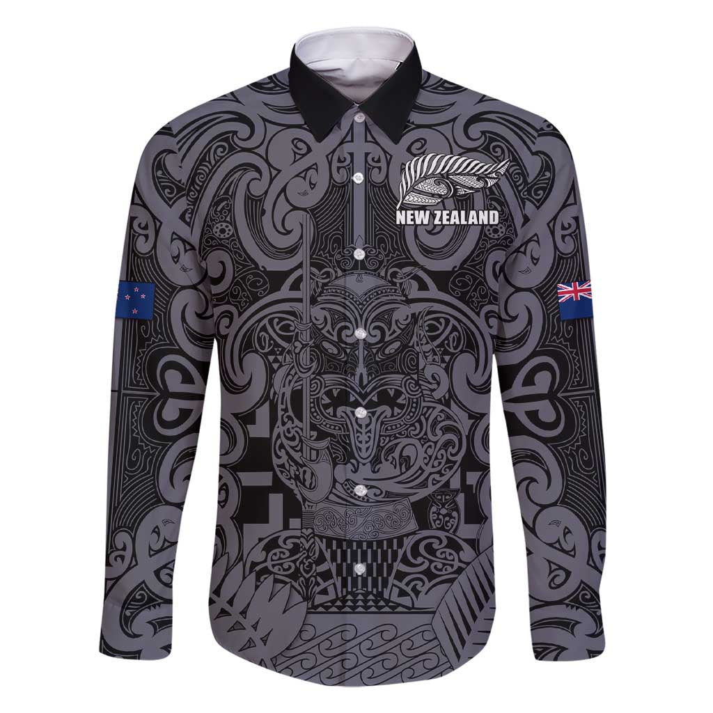 Custom New Zealand Taiaha Maori Family Matching Short Sleeve Bodycon Dress and Hawaiian Shirt Minimalist Silver Fern All Black LT9 Dad's Shirt - Long Sleeve Black - Polynesian Pride