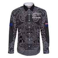 Custom New Zealand Taiaha Maori Family Matching Short Sleeve Bodycon Dress and Hawaiian Shirt Minimalist Silver Fern All Black LT9 Dad's Shirt - Long Sleeve Black - Polynesian Pride