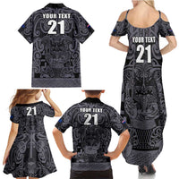 Custom New Zealand Taiaha Maori Family Matching Summer Maxi Dress and Hawaiian Shirt Minimalist Silver Fern All Black LT9 - Polynesian Pride