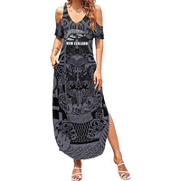 Custom New Zealand Taiaha Maori Family Matching Summer Maxi Dress and Hawaiian Shirt Minimalist Silver Fern All Black LT9 Mom's Dress Black - Polynesian Pride