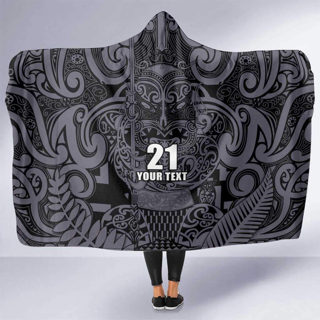 Custom New Zealand Taiaha Maori Hooded Blanket Minimalist Silver Fern All Black LT9 One Size Black - Polynesian Pride