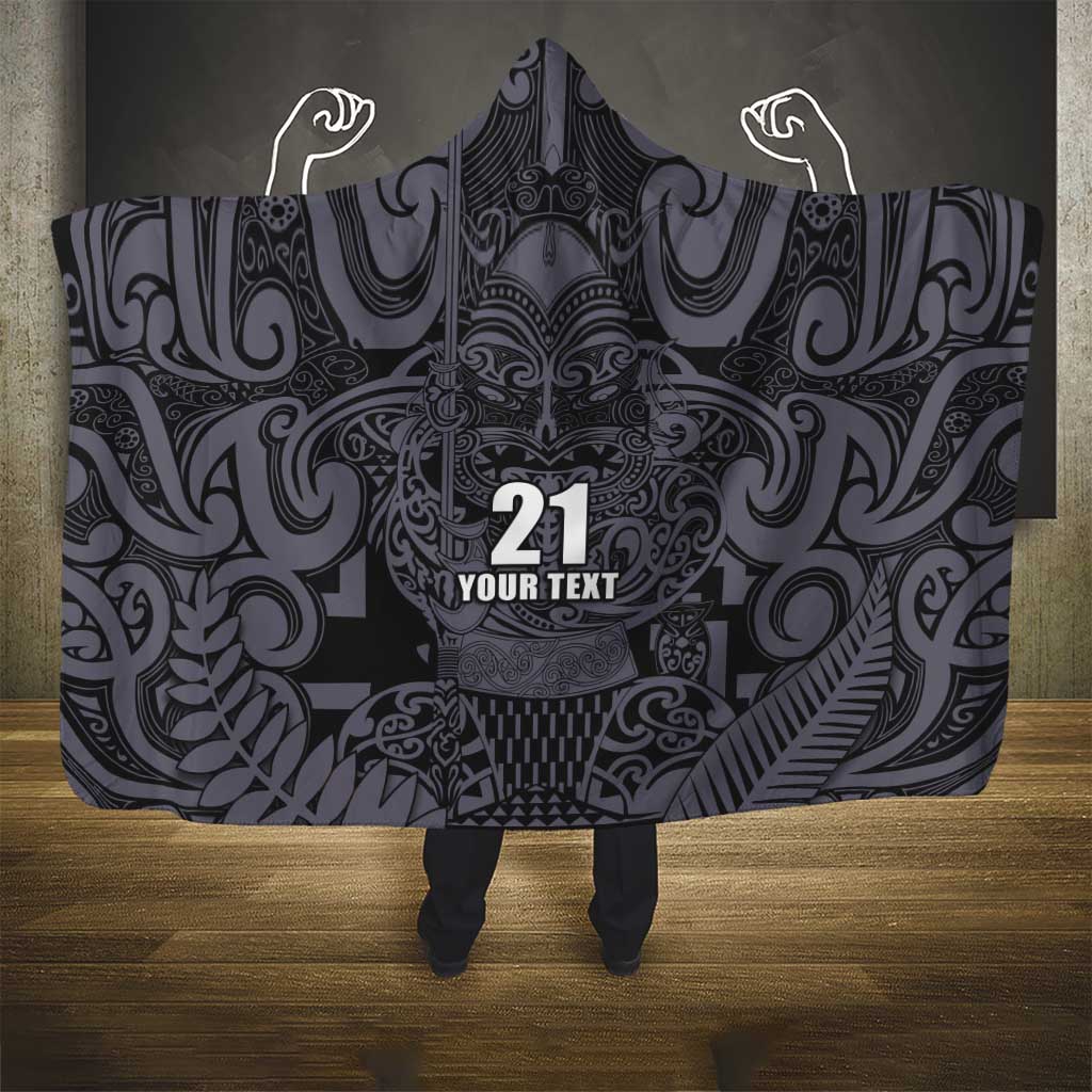 Custom New Zealand Taiaha Maori Hooded Blanket Minimalist Silver Fern All Black LT9 - Polynesian Pride