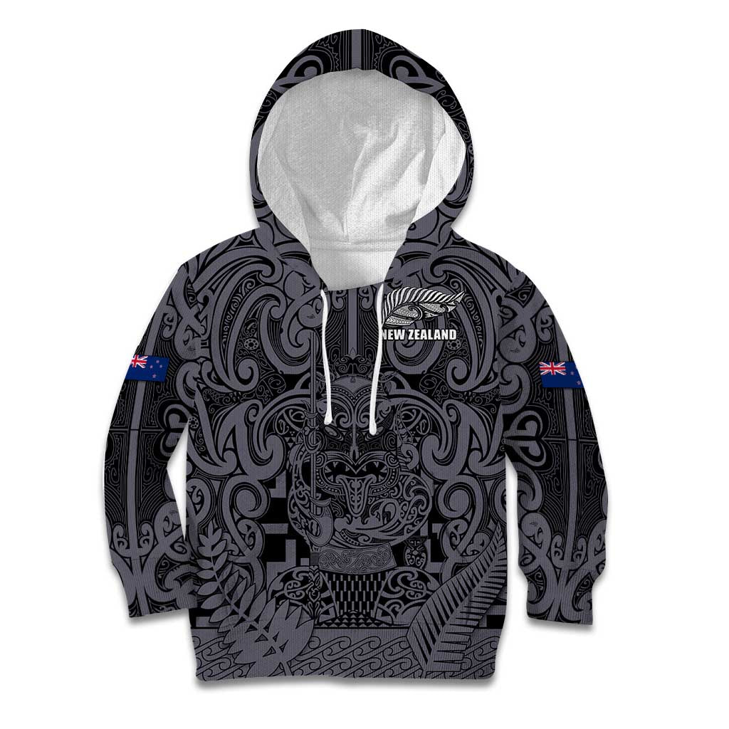 Custom New Zealand Taiaha Maori Kid Hoodie Minimalist Silver Fern All Black LT9 Hoodie Black - Polynesian Pride