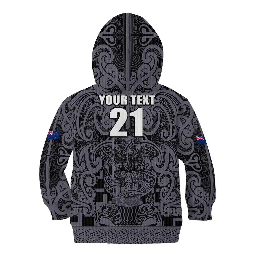Custom New Zealand Taiaha Maori Kid Hoodie Minimalist Silver Fern All Black LT9 - Polynesian Pride
