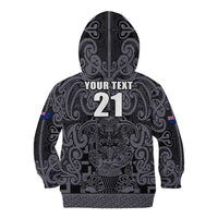 Custom New Zealand Taiaha Maori Kid Hoodie Minimalist Silver Fern All Black LT9 - Polynesian Pride