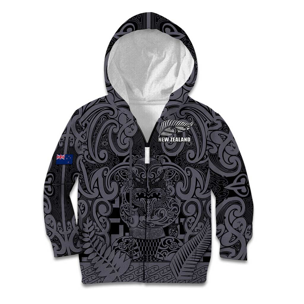Custom New Zealand Taiaha Maori Kid Hoodie Minimalist Silver Fern All Black LT9 Zip Hoodie Black - Polynesian Pride