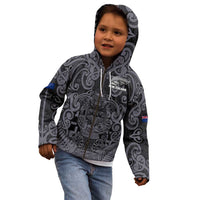 Custom New Zealand Taiaha Maori Kid Hoodie Minimalist Silver Fern All Black LT9 - Polynesian Pride