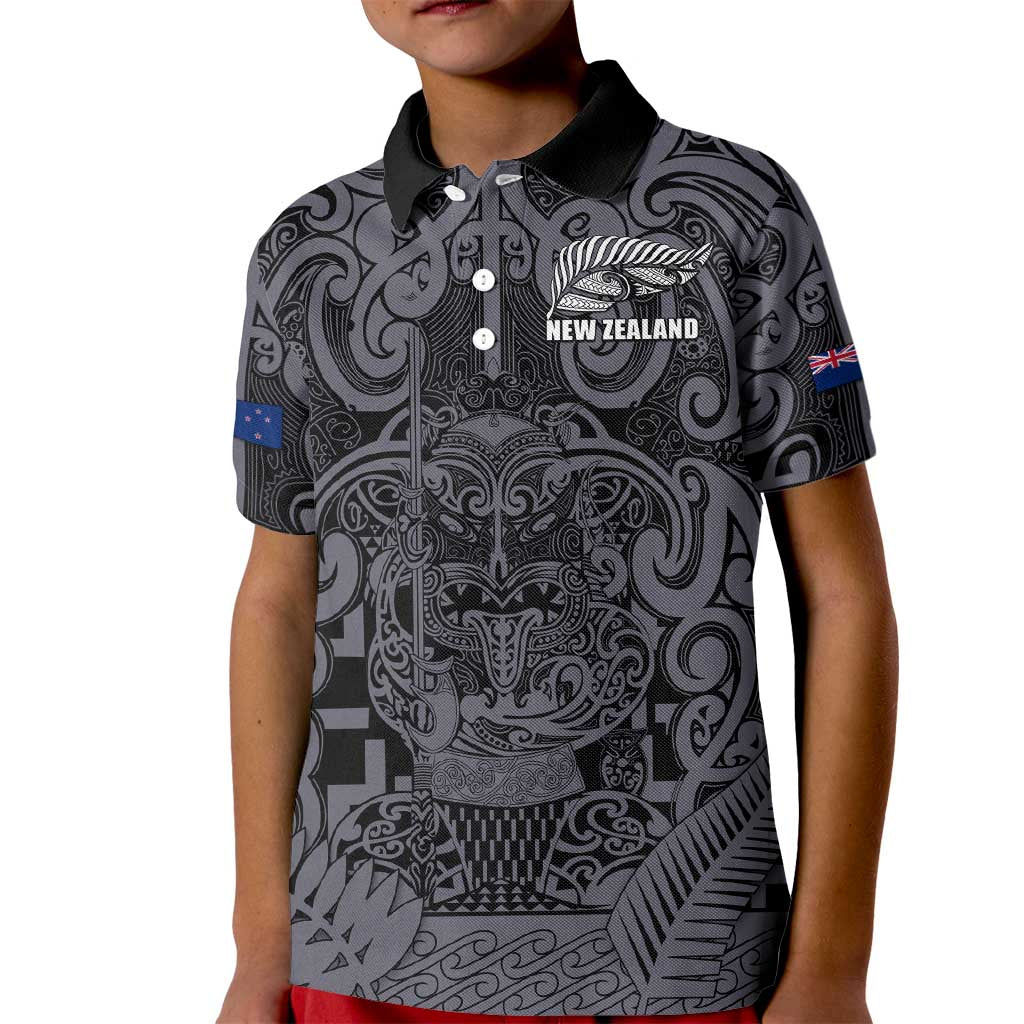 Custom New Zealand Taiaha Maori Kid Polo Shirt Minimalist Silver Fern All Black LT9 Kid Black - Polynesian Pride