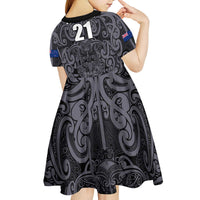 Custom New Zealand Taiaha Maori Kid Short Sleeve Dress Minimalist Silver Fern All Black LT9 - Polynesian Pride