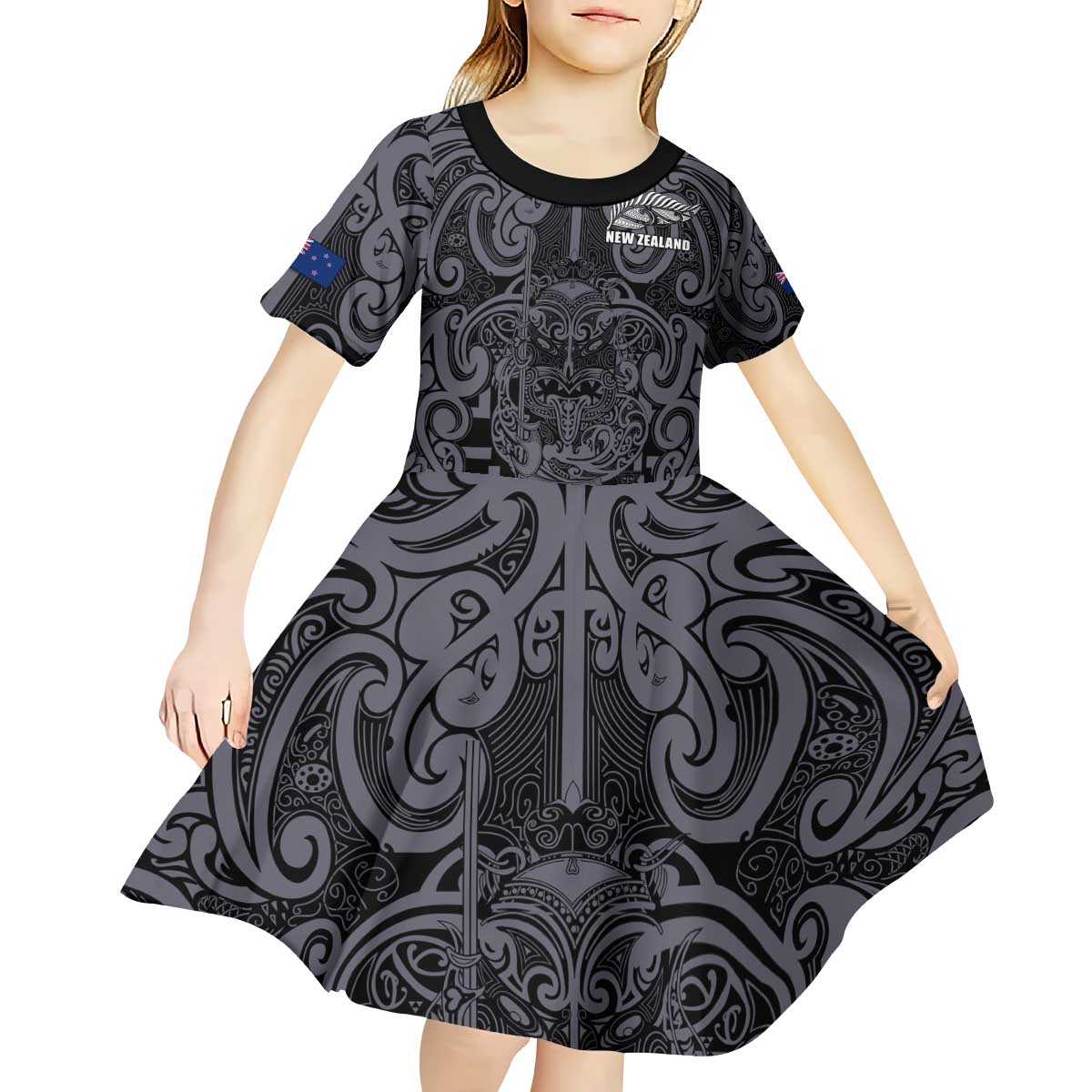 Custom New Zealand Taiaha Maori Kid Short Sleeve Dress Minimalist Silver Fern All Black LT9 - Polynesian Pride