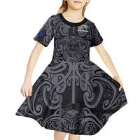 Custom New Zealand Taiaha Maori Kid Short Sleeve Dress Minimalist Silver Fern All Black LT9 - Polynesian Pride
