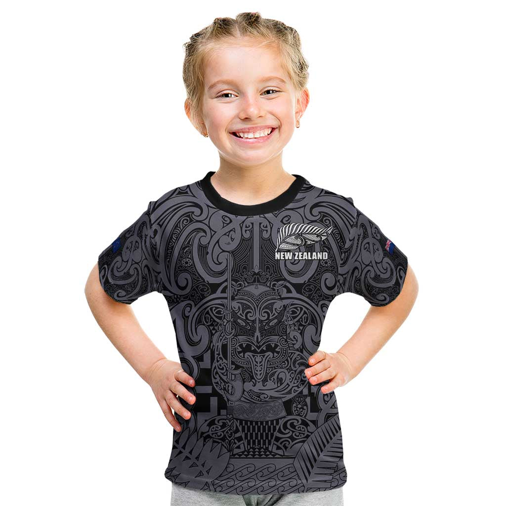 Custom New Zealand Taiaha Maori Kid T Shirt Minimalist Silver Fern All Black LT9 Black - Polynesian Pride