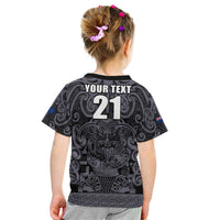 Custom New Zealand Taiaha Maori Kid T Shirt Minimalist Silver Fern All Black LT9 - Polynesian Pride
