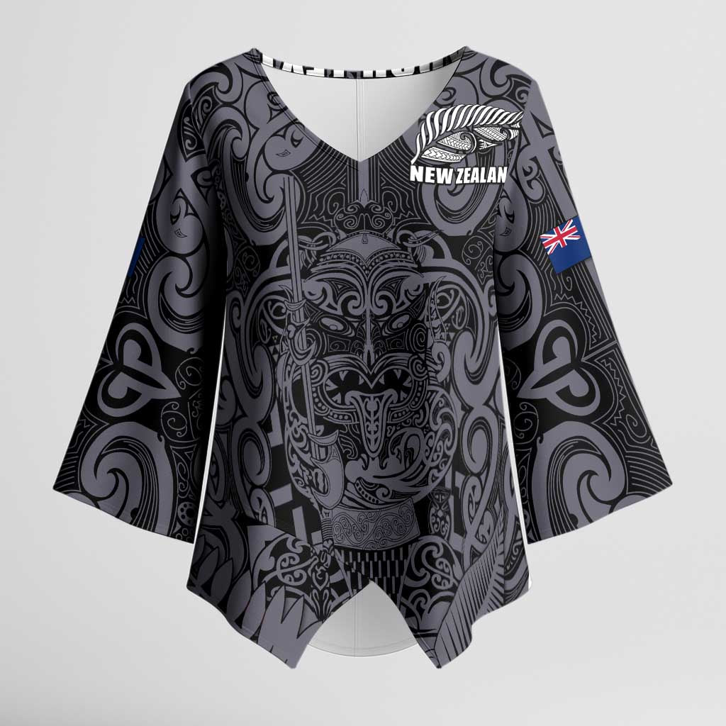 Custom New Zealand Taiaha Maori Kimono Sleeve Blouse Minimalist Silver Fern All Black LT9 Female Black - Polynesian Pride