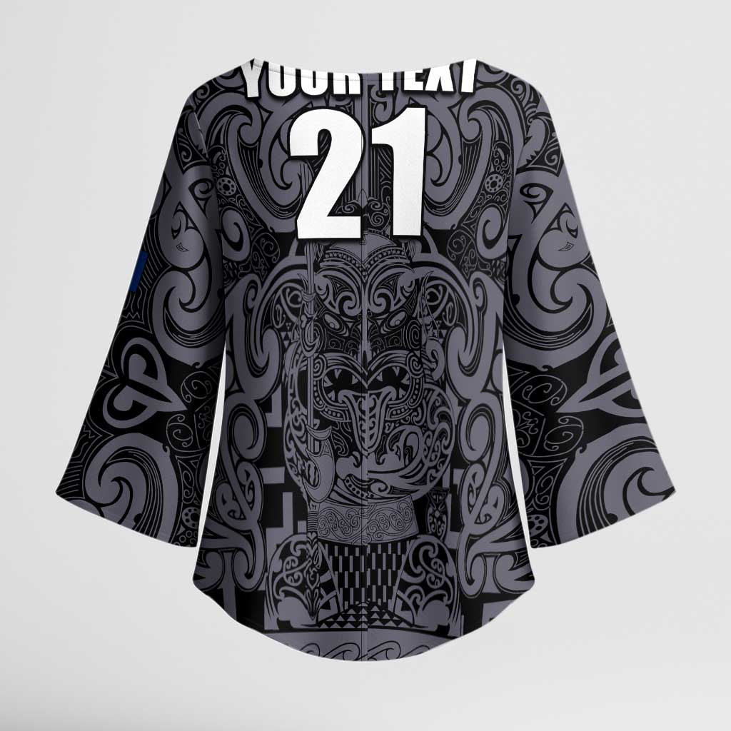 Custom New Zealand Taiaha Maori Kimono Sleeve Blouse Minimalist Silver Fern All Black LT9 - Polynesian Pride