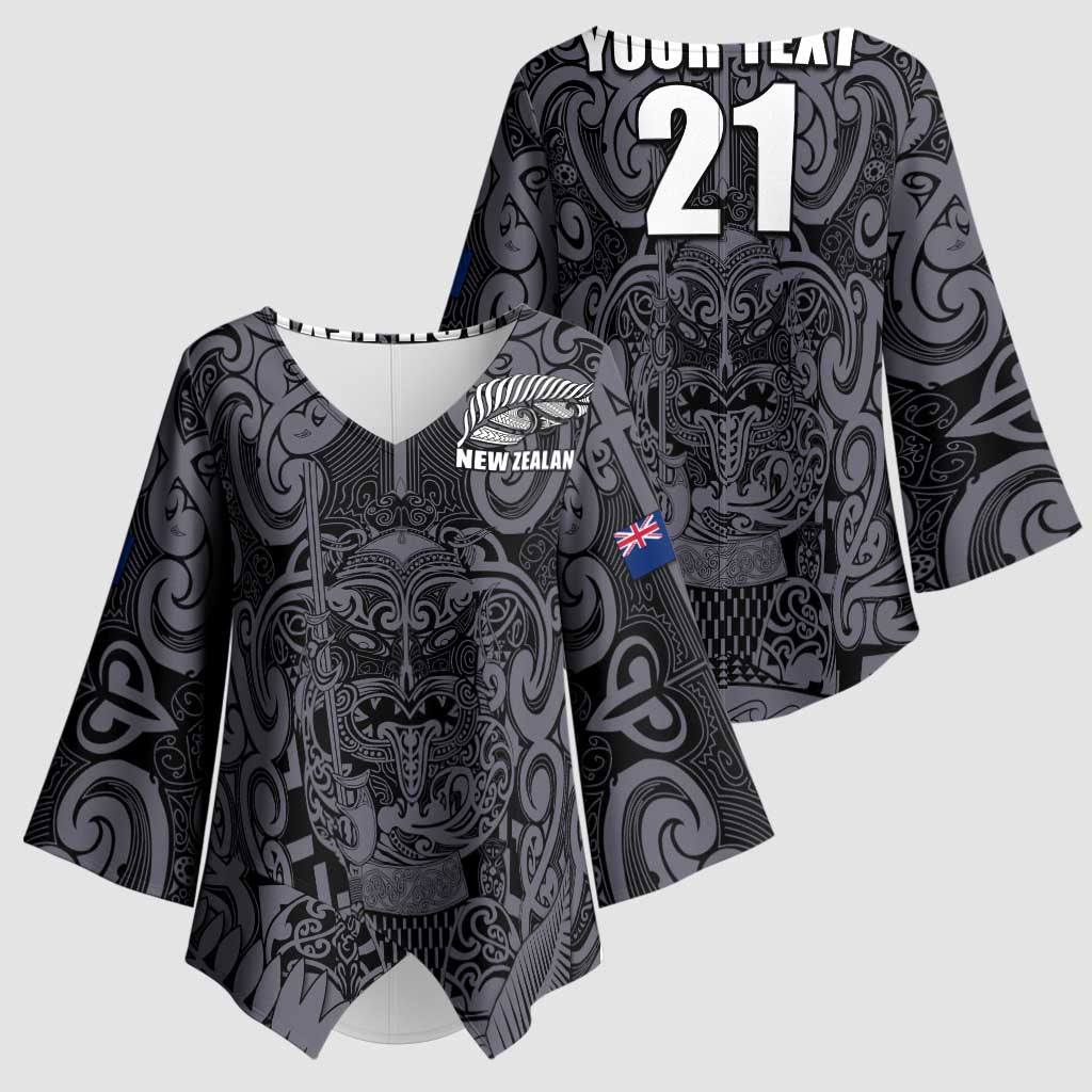 Custom New Zealand Taiaha Maori Kimono Sleeve Blouse Minimalist Silver Fern All Black LT9 - Polynesian Pride