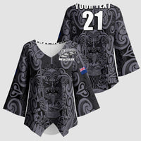 Custom New Zealand Taiaha Maori Kimono Sleeve Blouse Minimalist Silver Fern All Black LT9 - Polynesian Pride