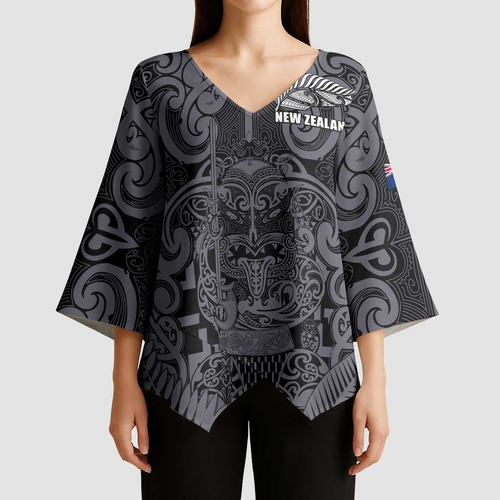 Custom New Zealand Taiaha Maori Kimono Sleeve Blouse Minimalist Silver Fern All Black LT9 - Polynesian Pride