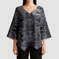 Custom New Zealand Taiaha Maori Kimono Sleeve Blouse Minimalist Silver Fern All Black LT9 - Polynesian Pride