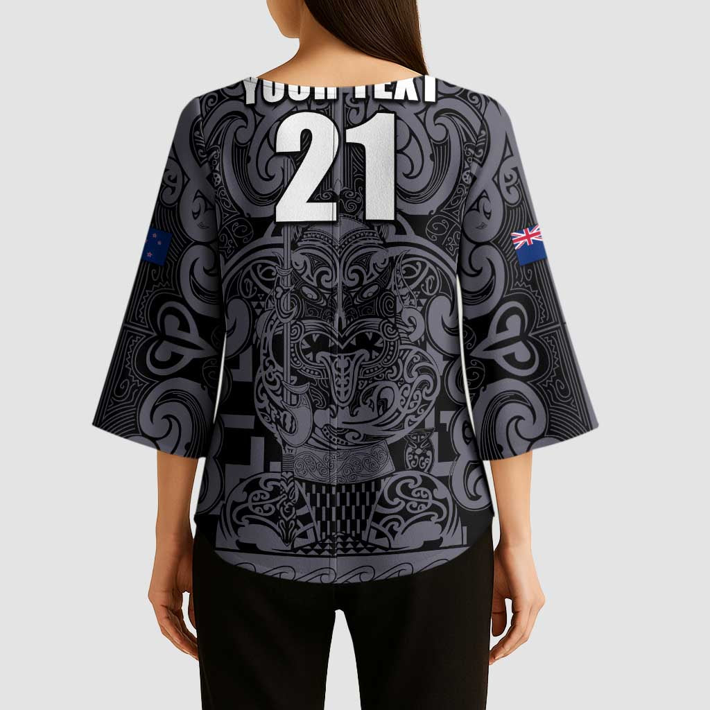 Custom New Zealand Taiaha Maori Kimono Sleeve Blouse Minimalist Silver Fern All Black LT9 - Polynesian Pride