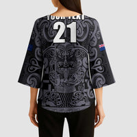 Custom New Zealand Taiaha Maori Kimono Sleeve Blouse Minimalist Silver Fern All Black LT9 - Polynesian Pride