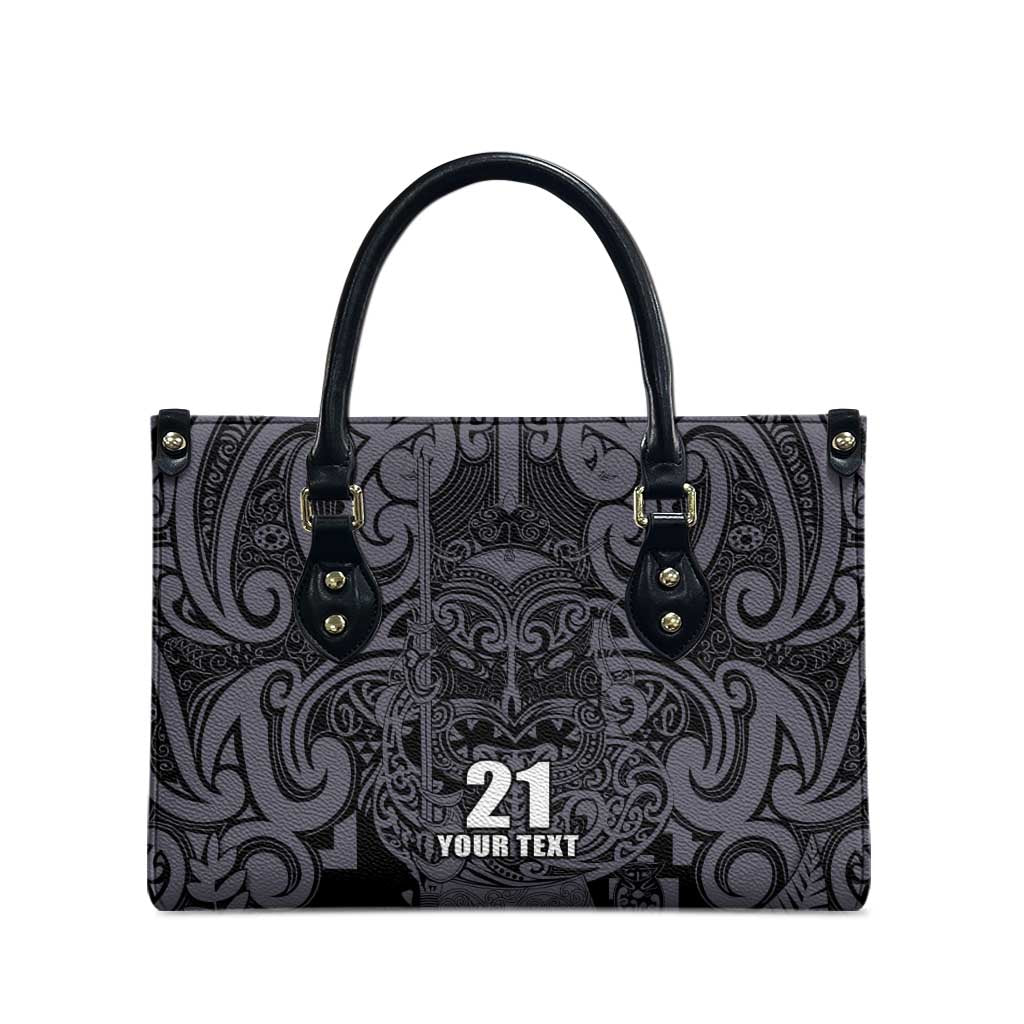 Custom New Zealand Taiaha Maori Leather Bag Minimalist Silver Fern All Black - Polynesian Pride