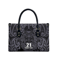 Custom New Zealand Taiaha Maori Leather Bag Minimalist Silver Fern All Black - Polynesian Pride