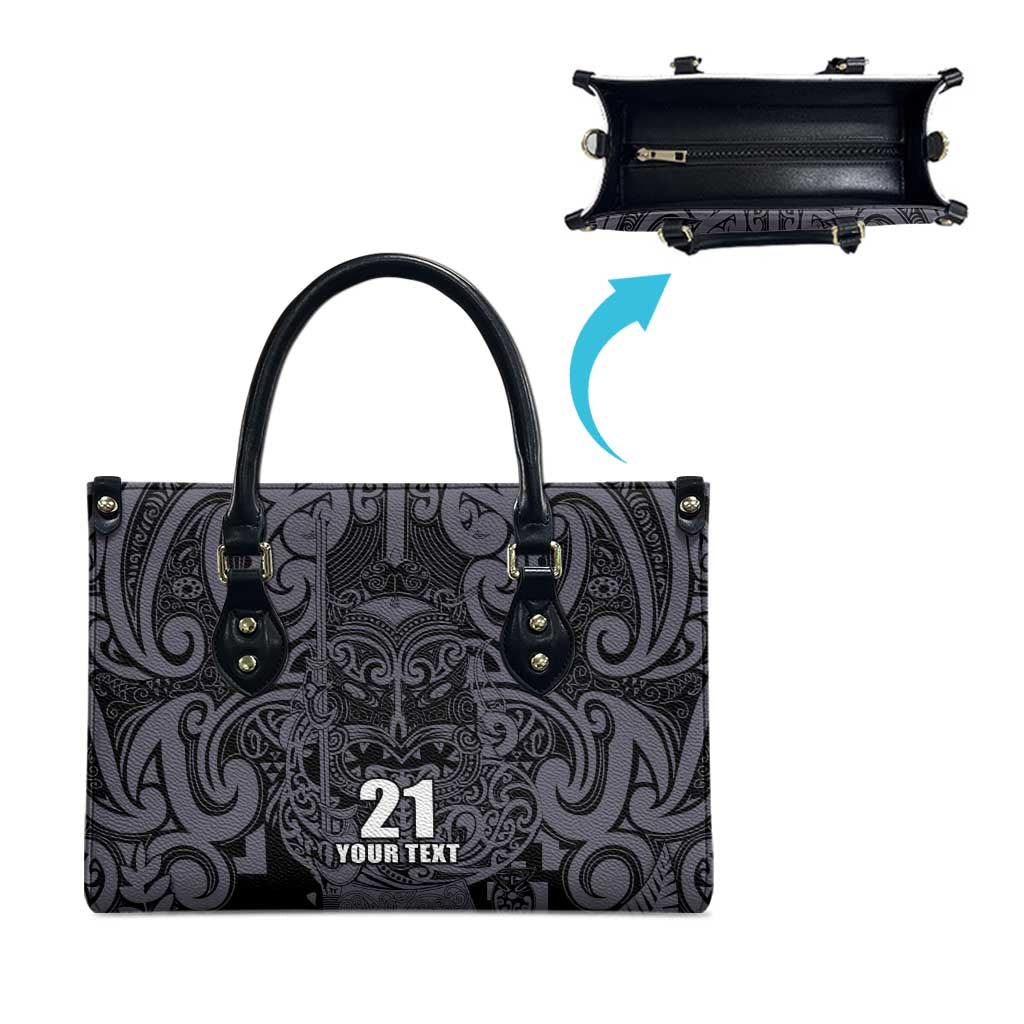 Custom New Zealand Taiaha Maori Leather Bag Minimalist Silver Fern All Black - Polynesian Pride