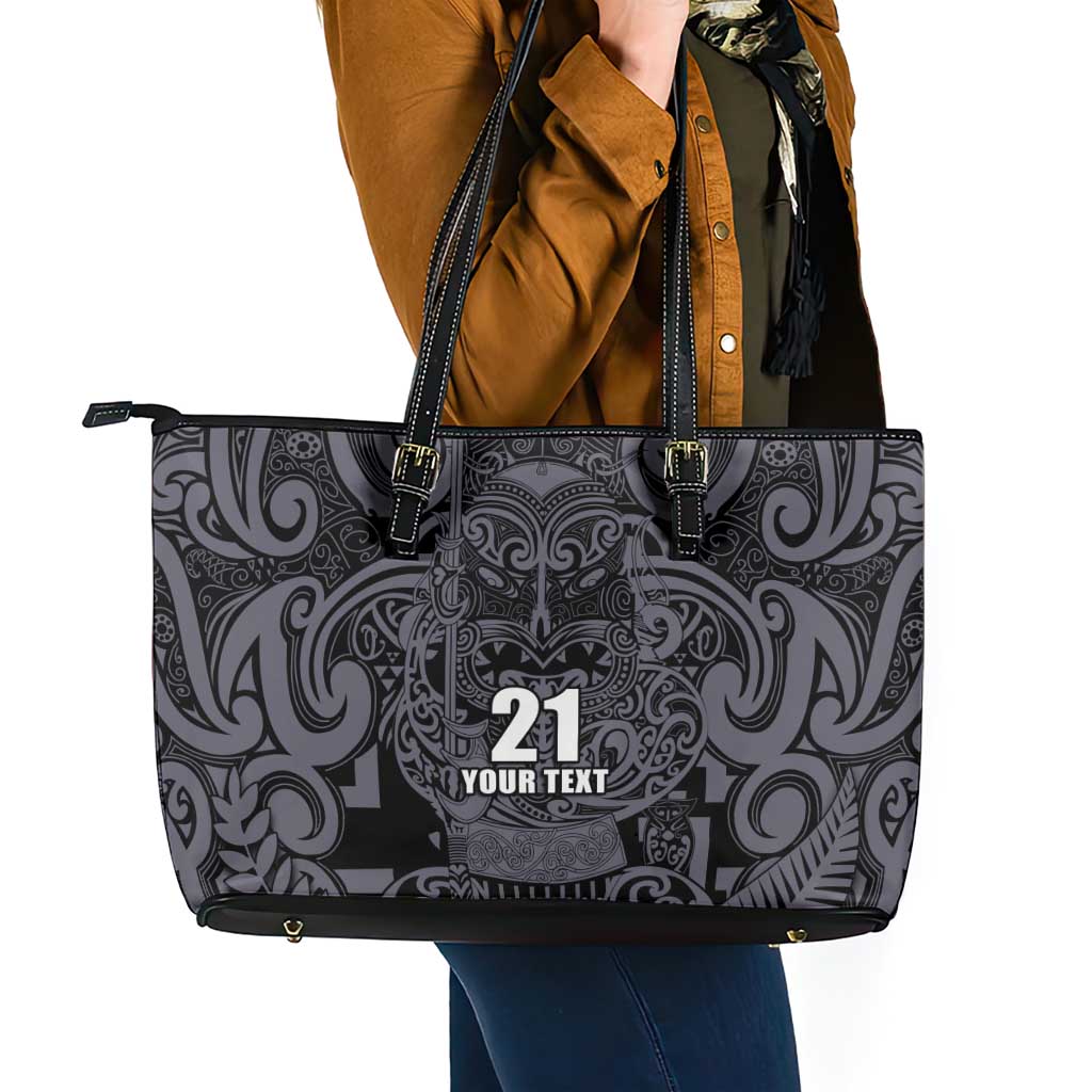 Custom New Zealand Taiaha Maori Leather Tote Bag Minimalist Silver Fern All Black LT9 - Polynesian Pride