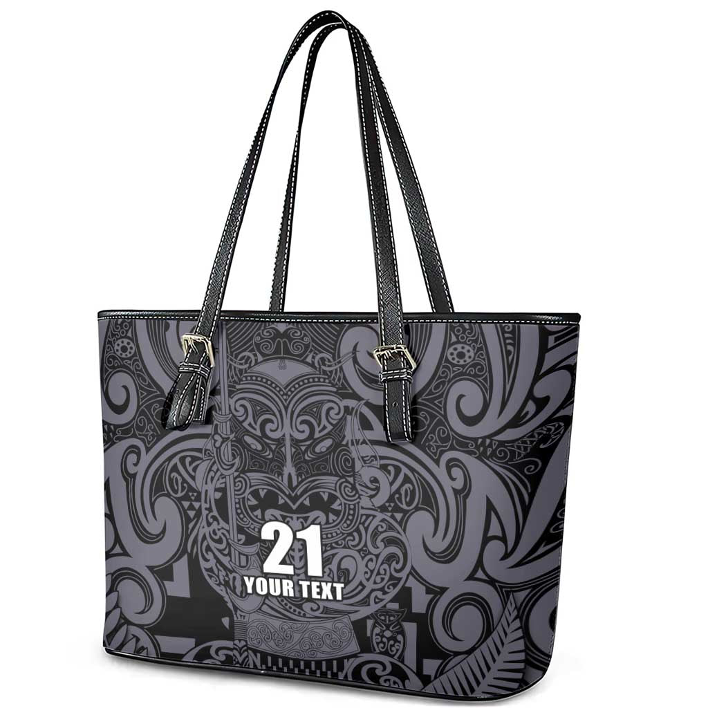 Custom New Zealand Taiaha Maori Leather Tote Bag Minimalist Silver Fern All Black LT9 - Polynesian Pride